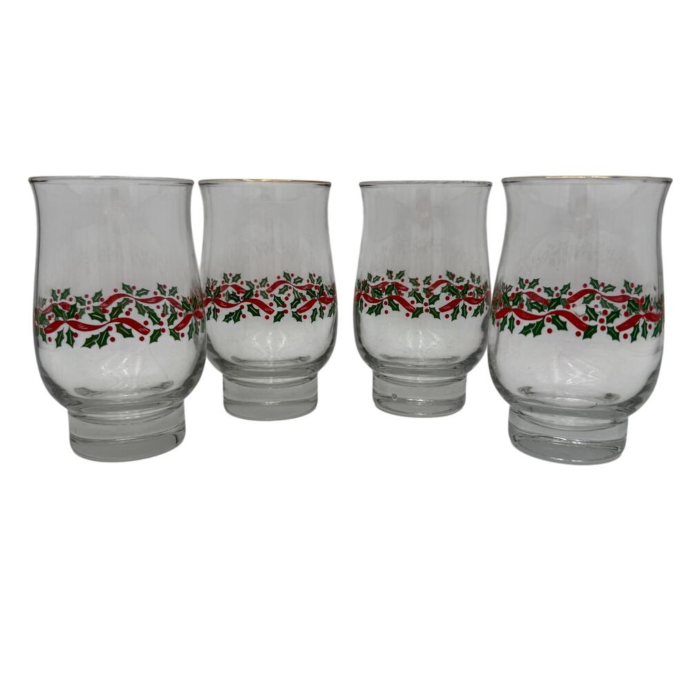 Libbey Holly and Ribbon Tumblers with Gold Trim 14 oz Set of 4